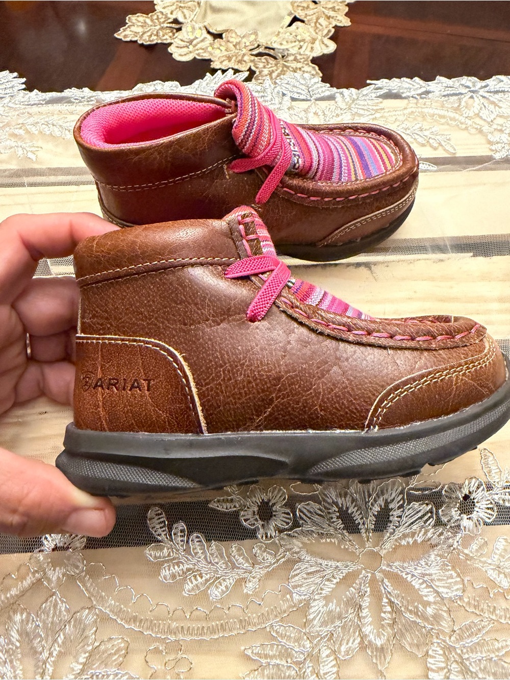 Ariat Brown Leather Kids Boots with Pink Accents